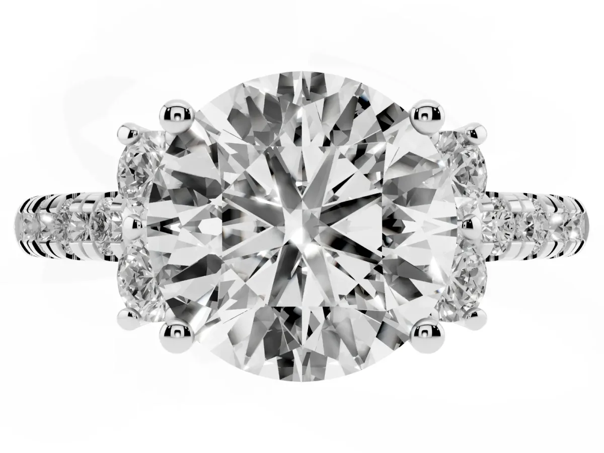 Round Cut Diamond Three-Stone Pave Band with Four-Prong Setting Silver