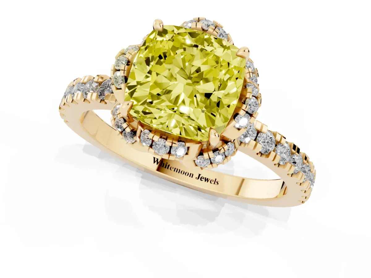 Fancy Yellow Cushion Cut Diamond Halo Pave Band with Four-Prong Setting Yellow gold