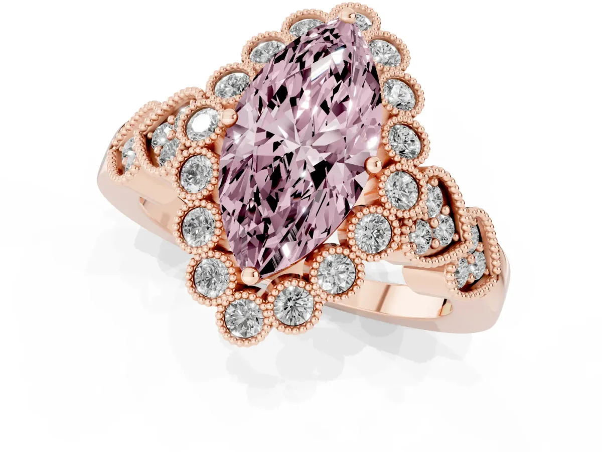 Fancy Pink Marquise Cut Brilliant Milgrain Pave Heart Band Solitaire Ring Rose gold