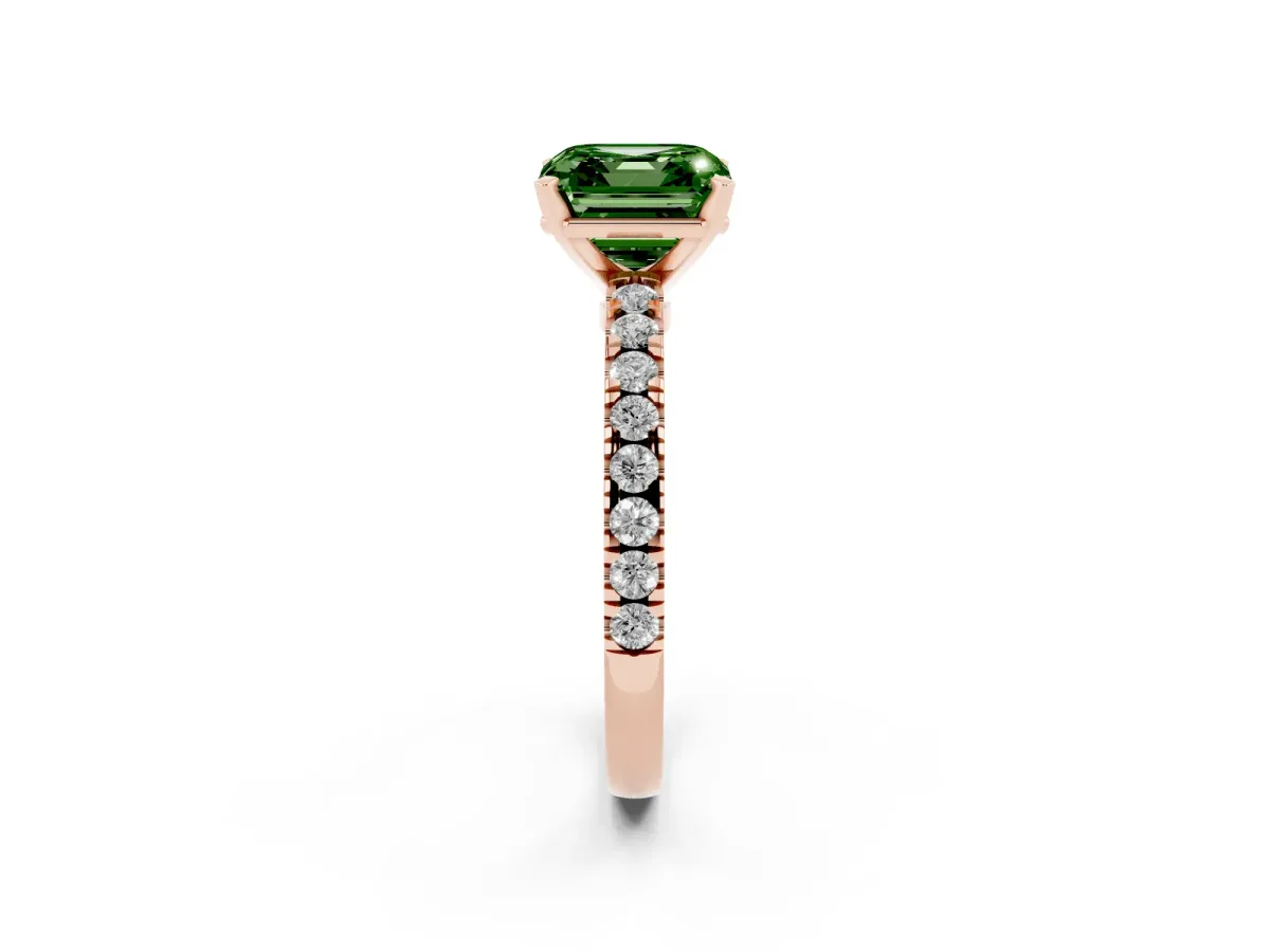 Fancy Green Asscher Cut Solitaire Diamond with Pavé Band and Four-Prong Setting Rose gold