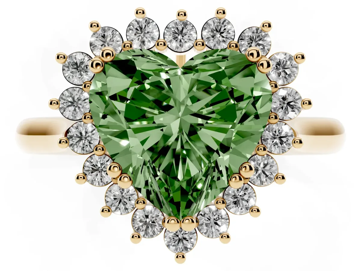 Fancy Green Heart Cut Cut Diamond Halo Ring with Solitaire Band and Prong Setting Yellow gold