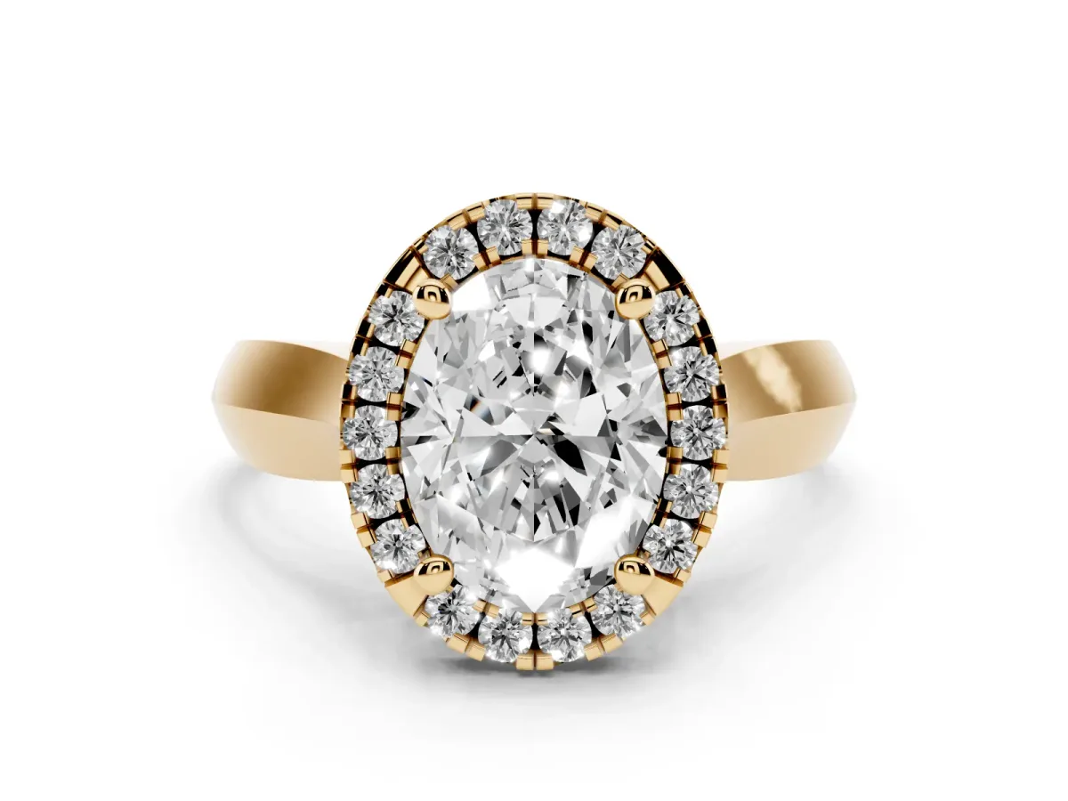 Oval Cut Cut Halo Solitaire Engagement Ring with Square Band and Four-Prong Setting Yellow gold