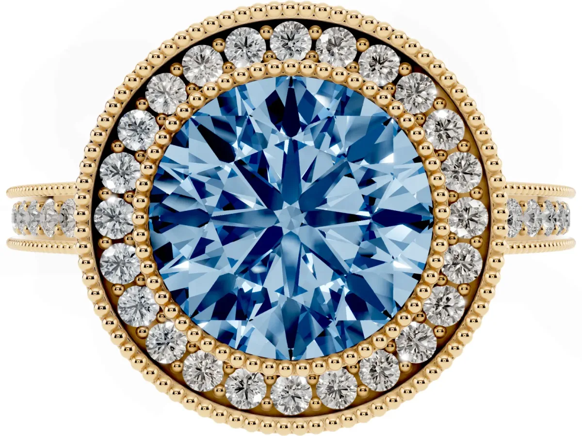 Fancy Blue Round Cut Cut Halo Diamond Ring with Pavé Band and Milgrain Prong Setting Yellow gold