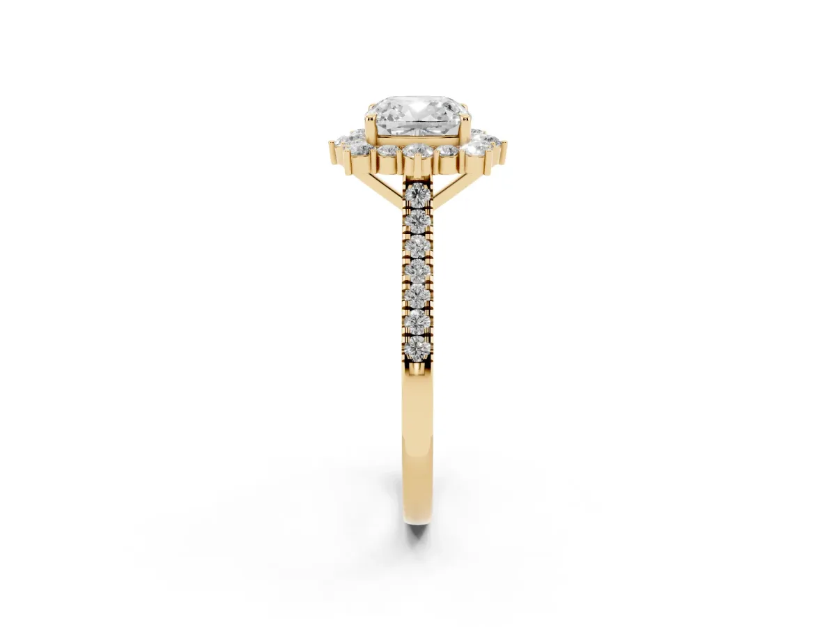 Cushion Cut Halo Diamond Ring with Pavé Band and Prong Setting Yellow gold