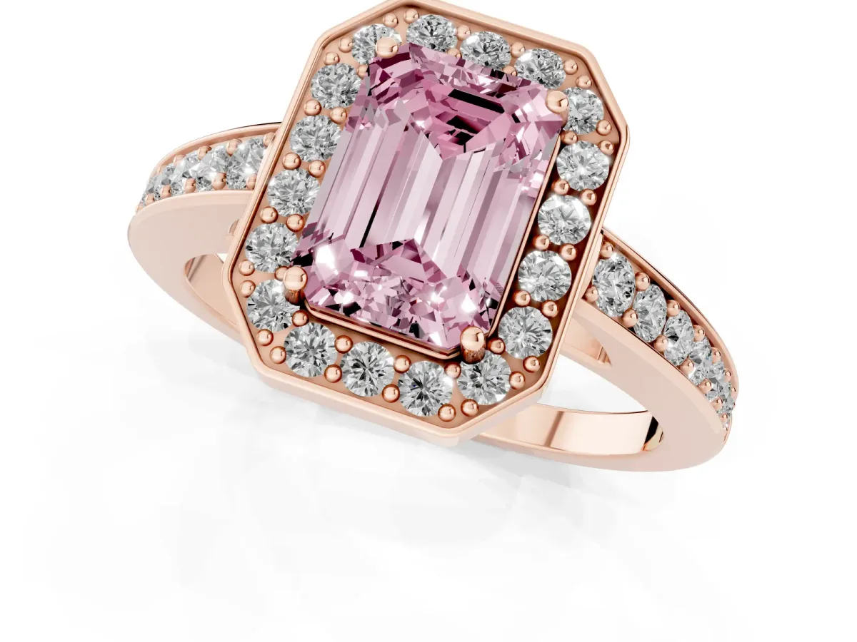 Fancy Pink Emerald Cut Halo Pavé Diamond Engagement Ring with Bezel Setting Rose gold