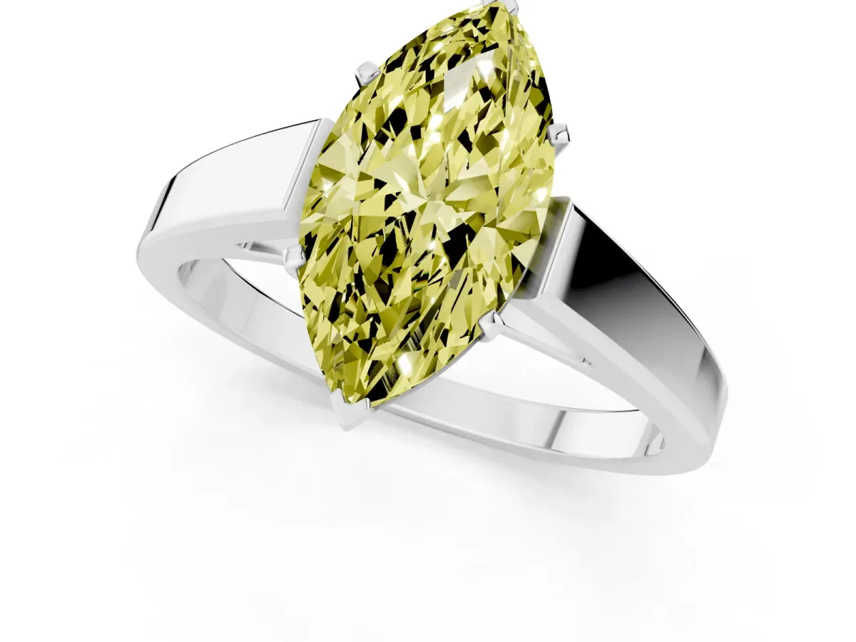 Fancy Yellow Marquise Cut Solitaire Engagement Ring with Four-Prong Setting and Tapered Band White gold