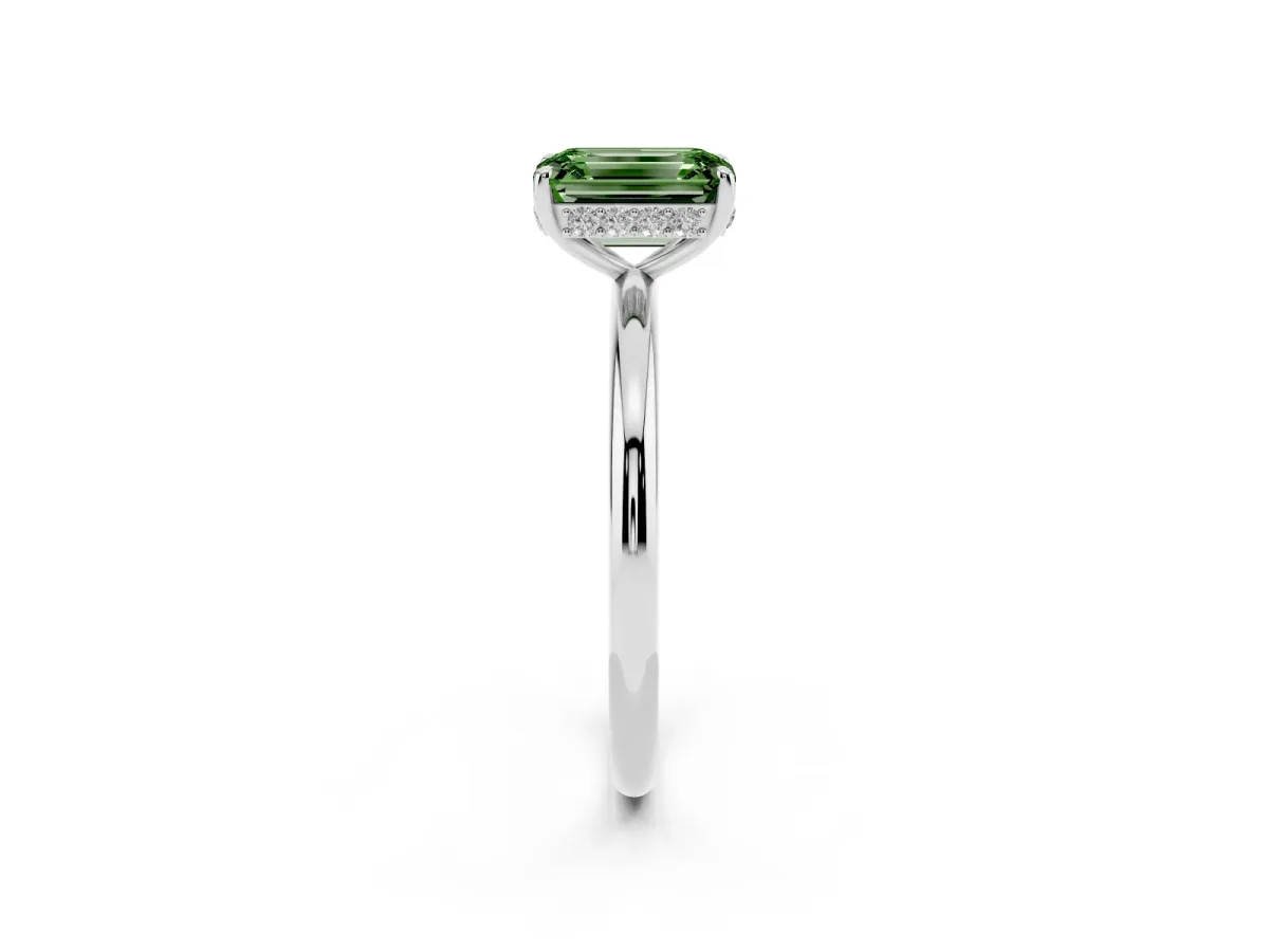 Fancy Green Emerald Cut Solitaire Diamond Ring with a Classic Band and Four-Prong Setting Silver