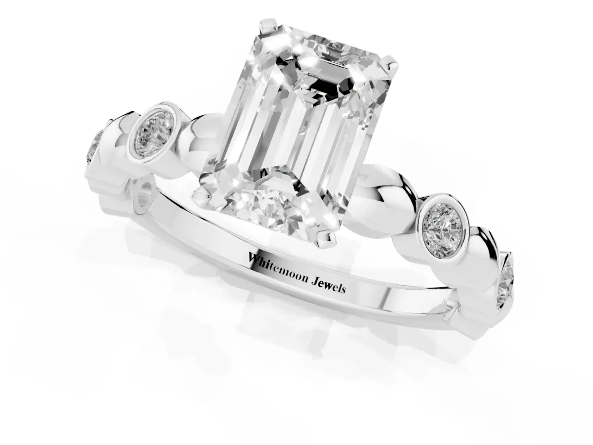 Emerald Cut Solitaire Bezel-Set Diamond Ring with Beaded Band and Four-Prong Setting Silver