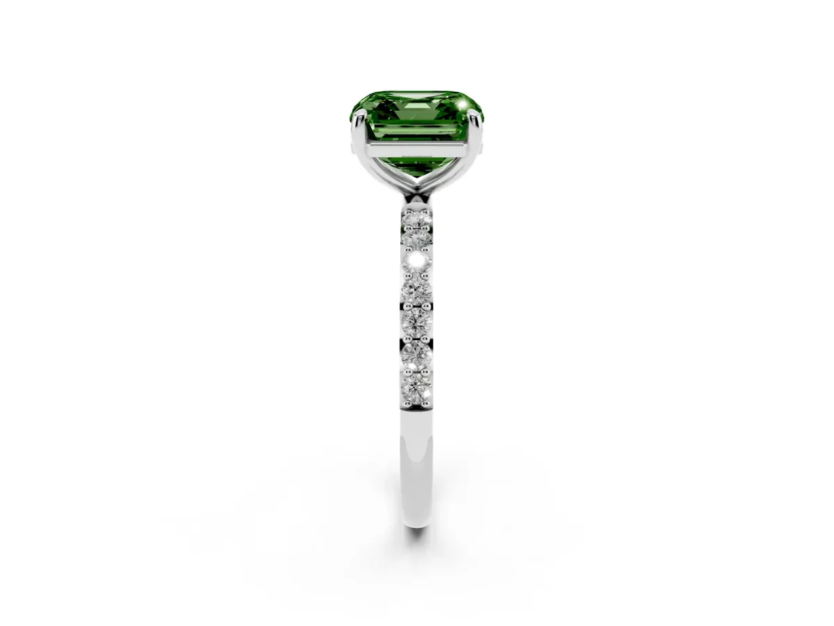 Fancy Green Asscher Cut Diamond Solitaire Ring with Round Pavé Band and Prong Setting Silver