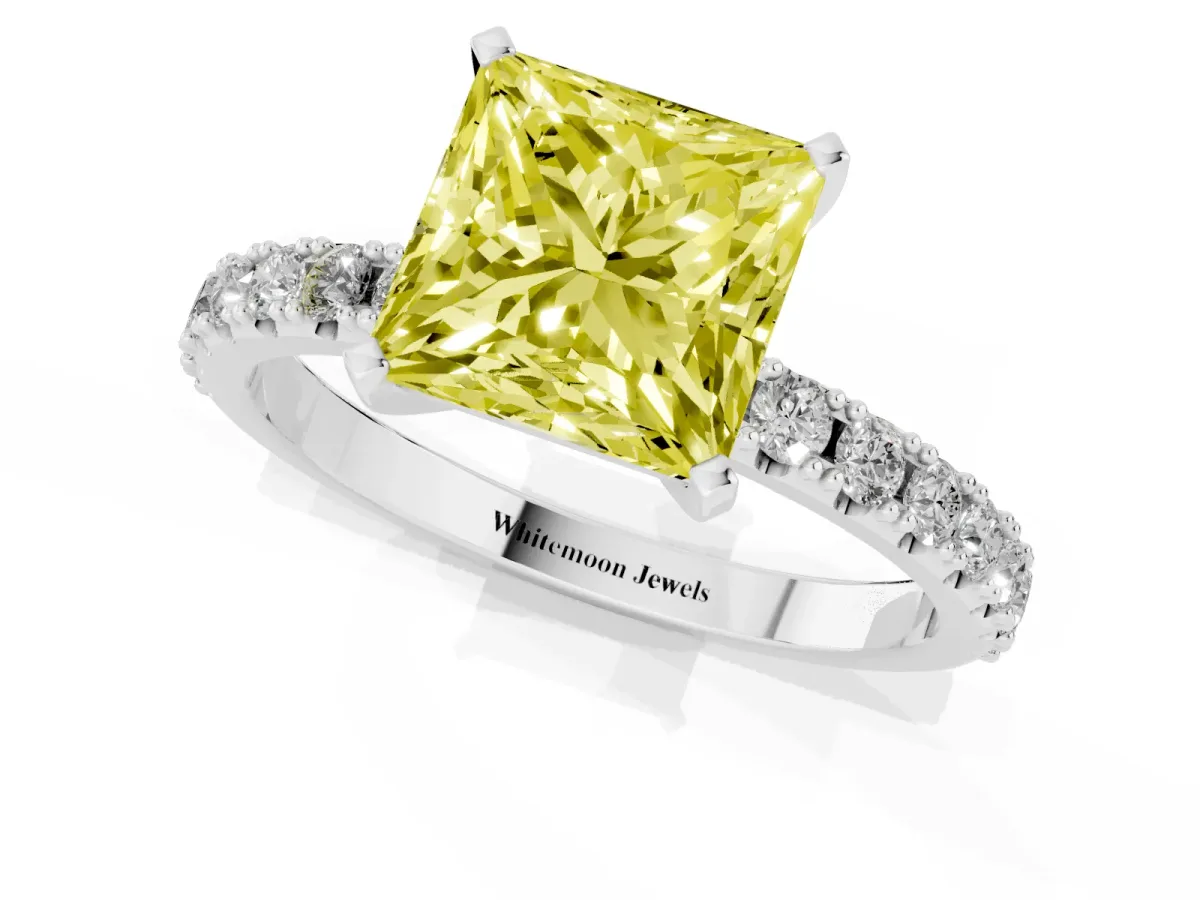 Fancy Yellow Princess Cut Diamond Solitaire Pavé Band with Four-Prong Setting Silver