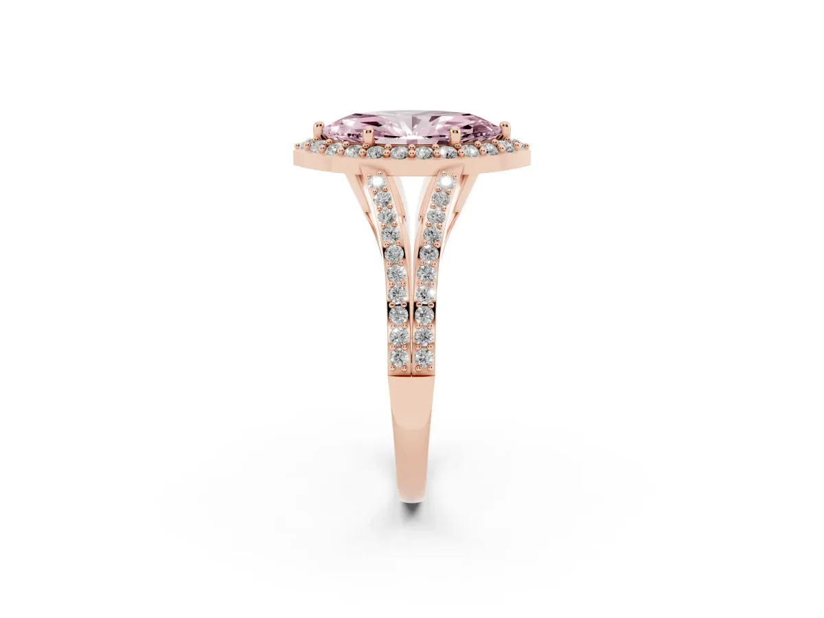 Fancy Pink Marquise Cut Halo Split Shank Diamond Ring with Prong Setting Rose gold