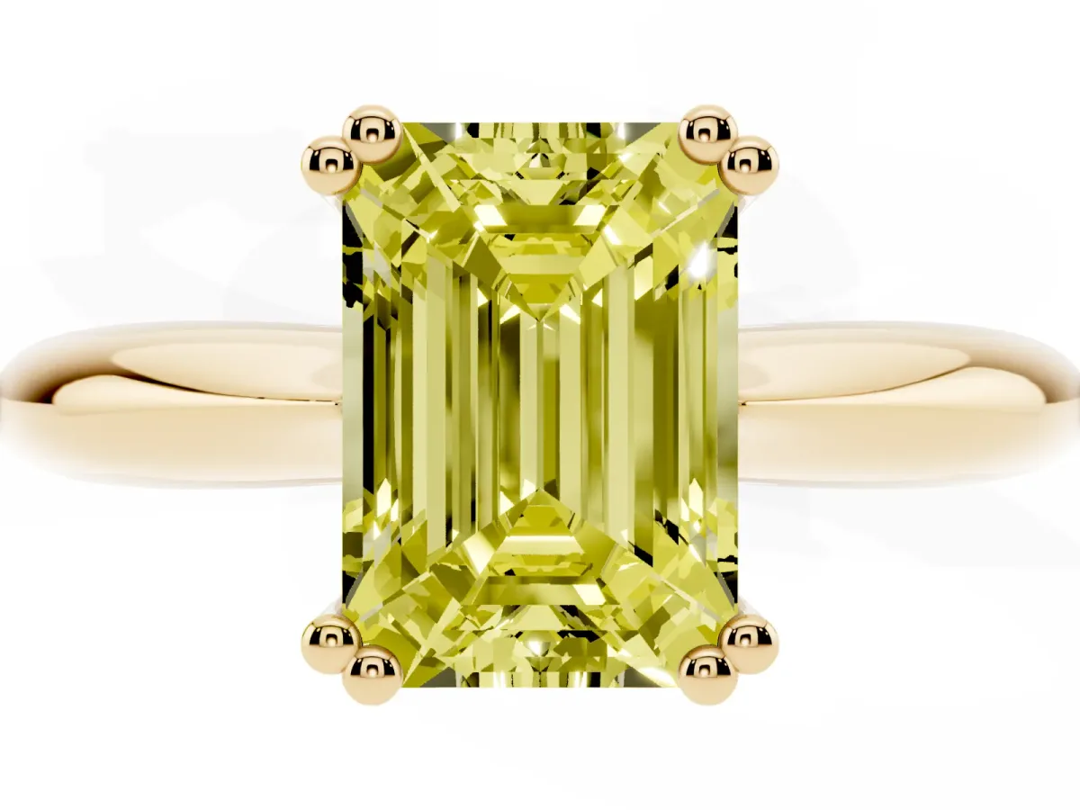 Fancy Yellow Emerald Cut Cut Solitaire Engagement Ring with Tapered Band and Four-Prong Setting Yellow gold