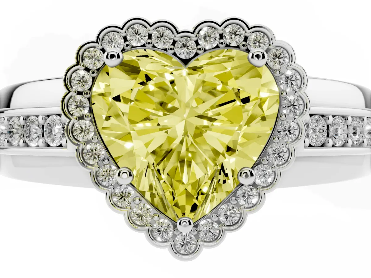 Fancy Yellow Heart Cut Cut Halo Pave Band Four-Prong Ring Silver