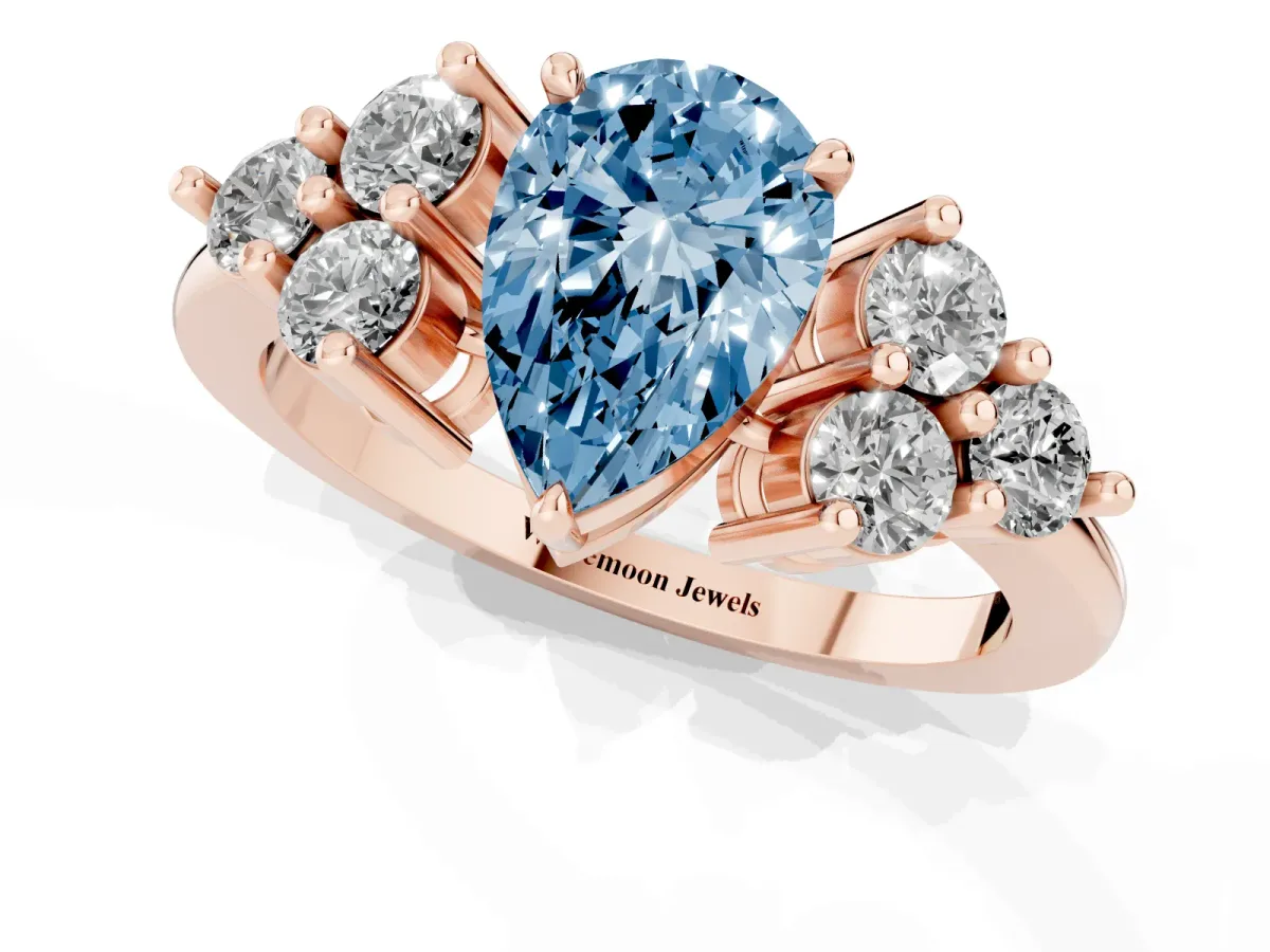 Fancy Blue Pear Cut Brilliant Diamond Cluster Accent Solitaire Ring with Prong Setting Rose gold