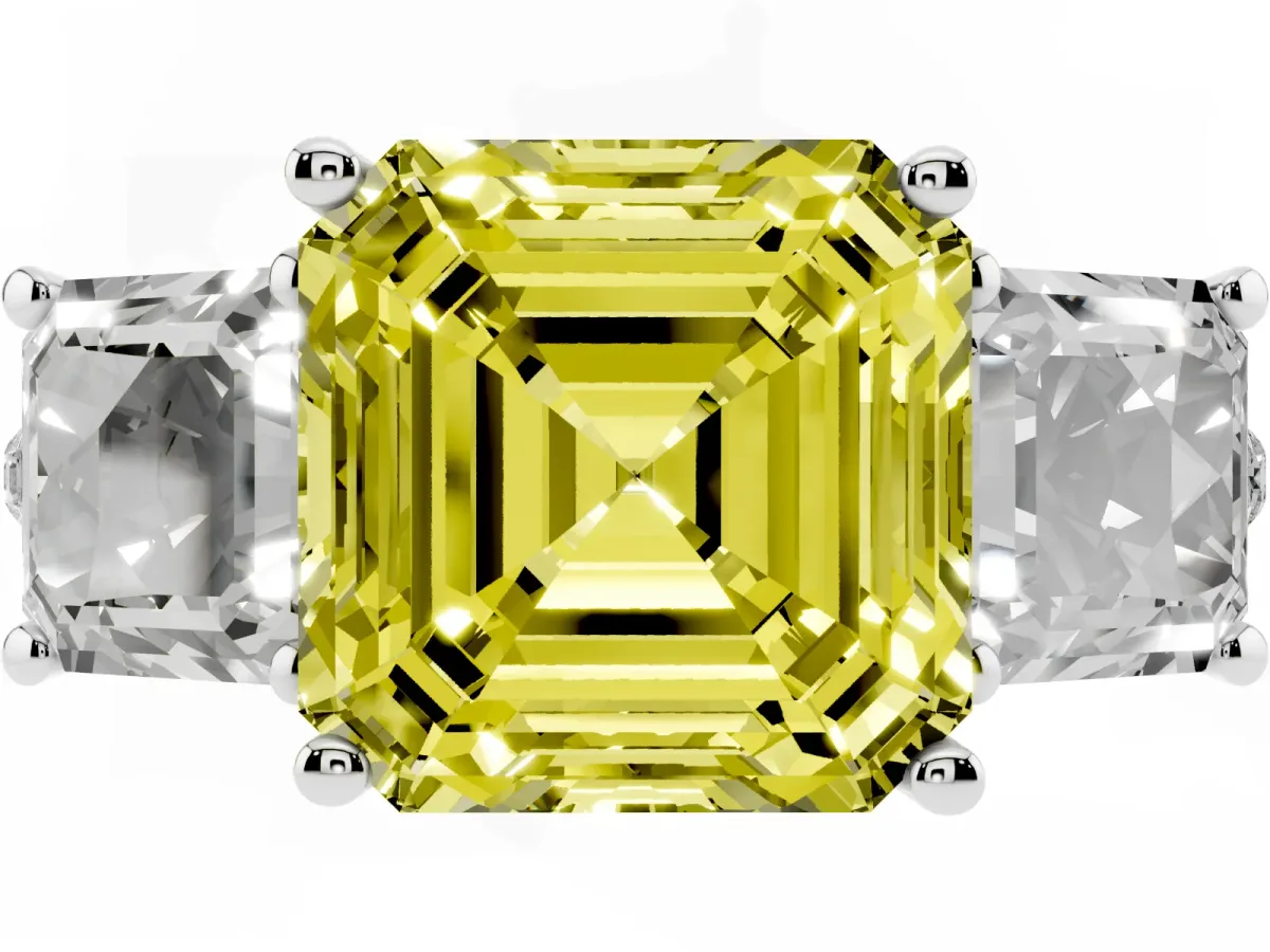 Fancy Yellow Three-Stone Asscher Cut Diamond Ring with Round Pavé Band and Prong Setting Silver