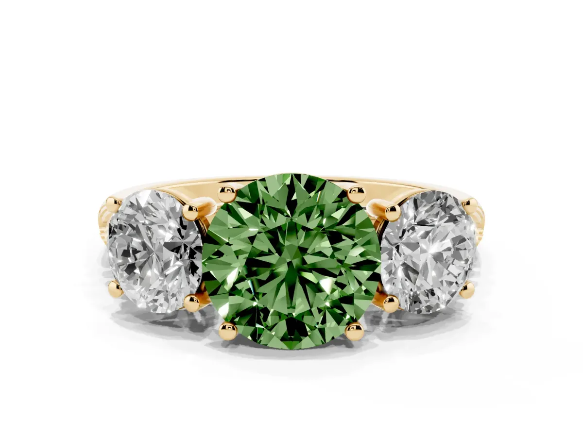 Fancy Green Three-Stone Round Cut Diamond Ring with Round Pavé Band and Prong Setting Yellow gold