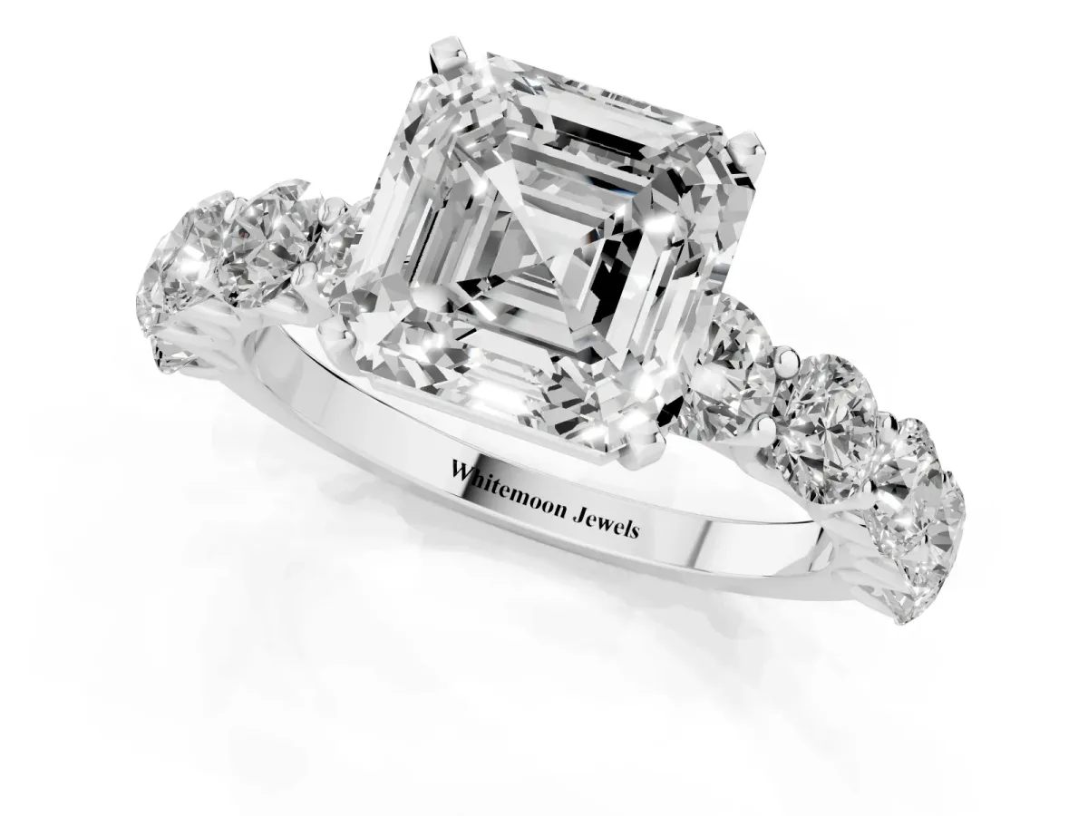 Asscher Cut Diamond Prong Setting with Side Stones on a Pave Band Silver