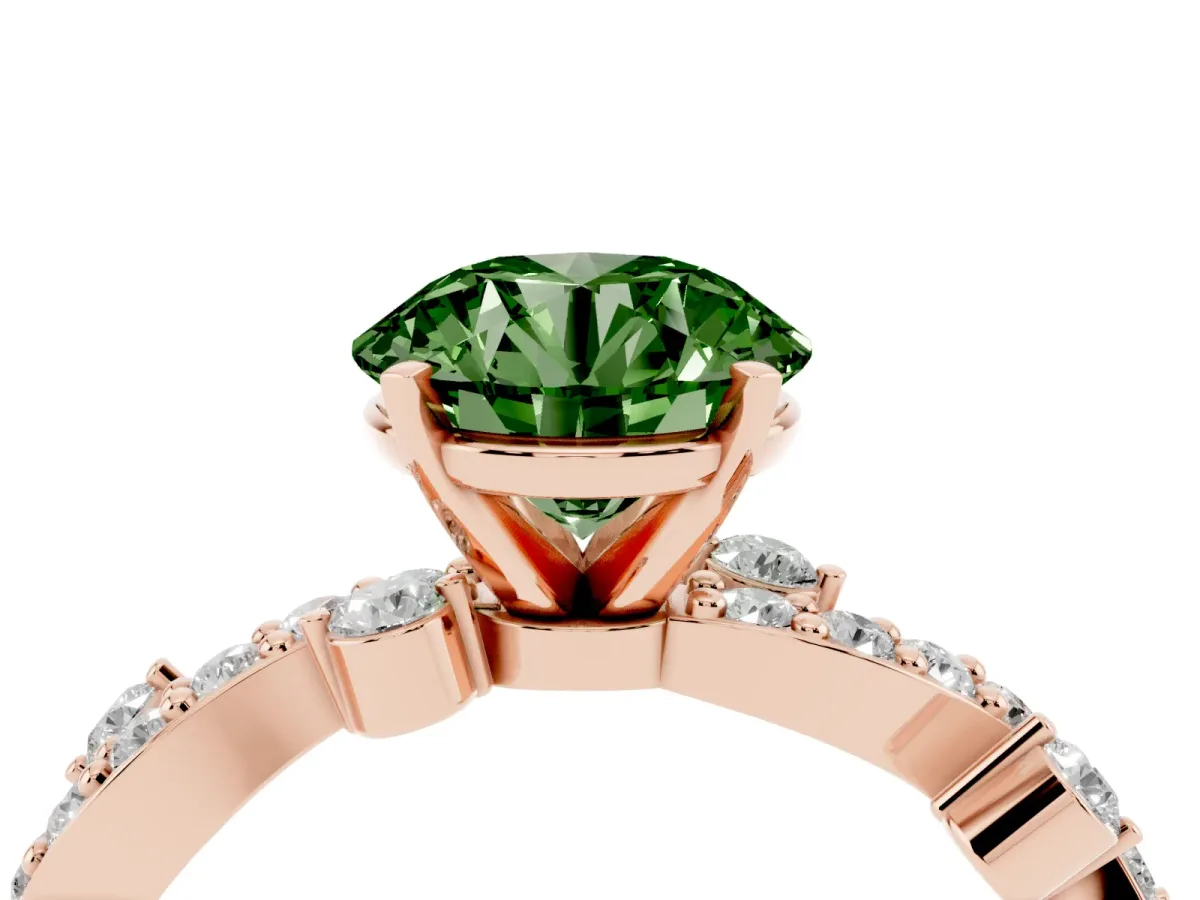 Fancy Green Round Cut Cut Solitaire Diamond Twisted Band with Pave Setting Rose gold