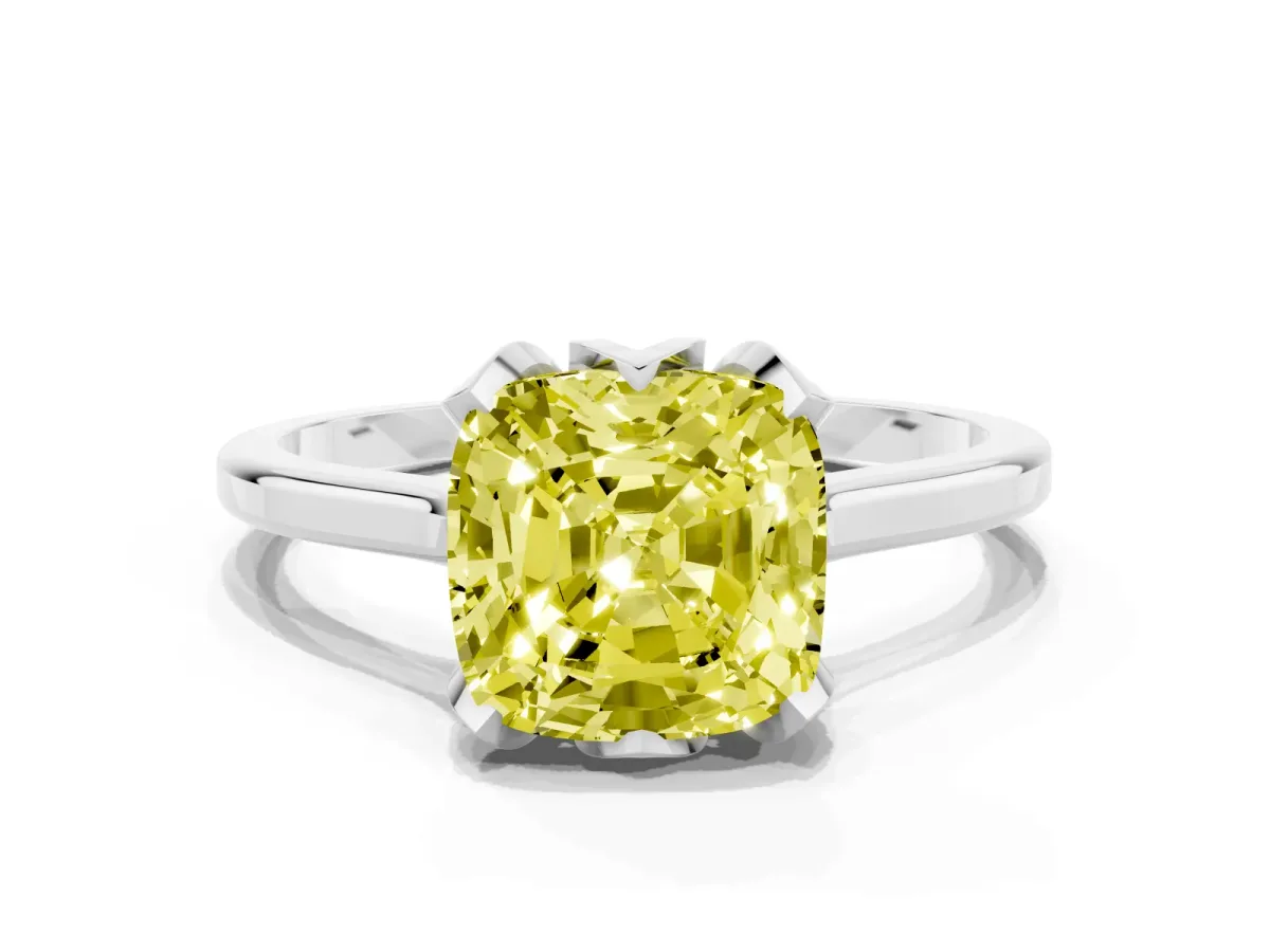 Fancy Yellow Cushion Cut Diamond Solitaire Ring with Flower Prong Setting and Classic Band Silver