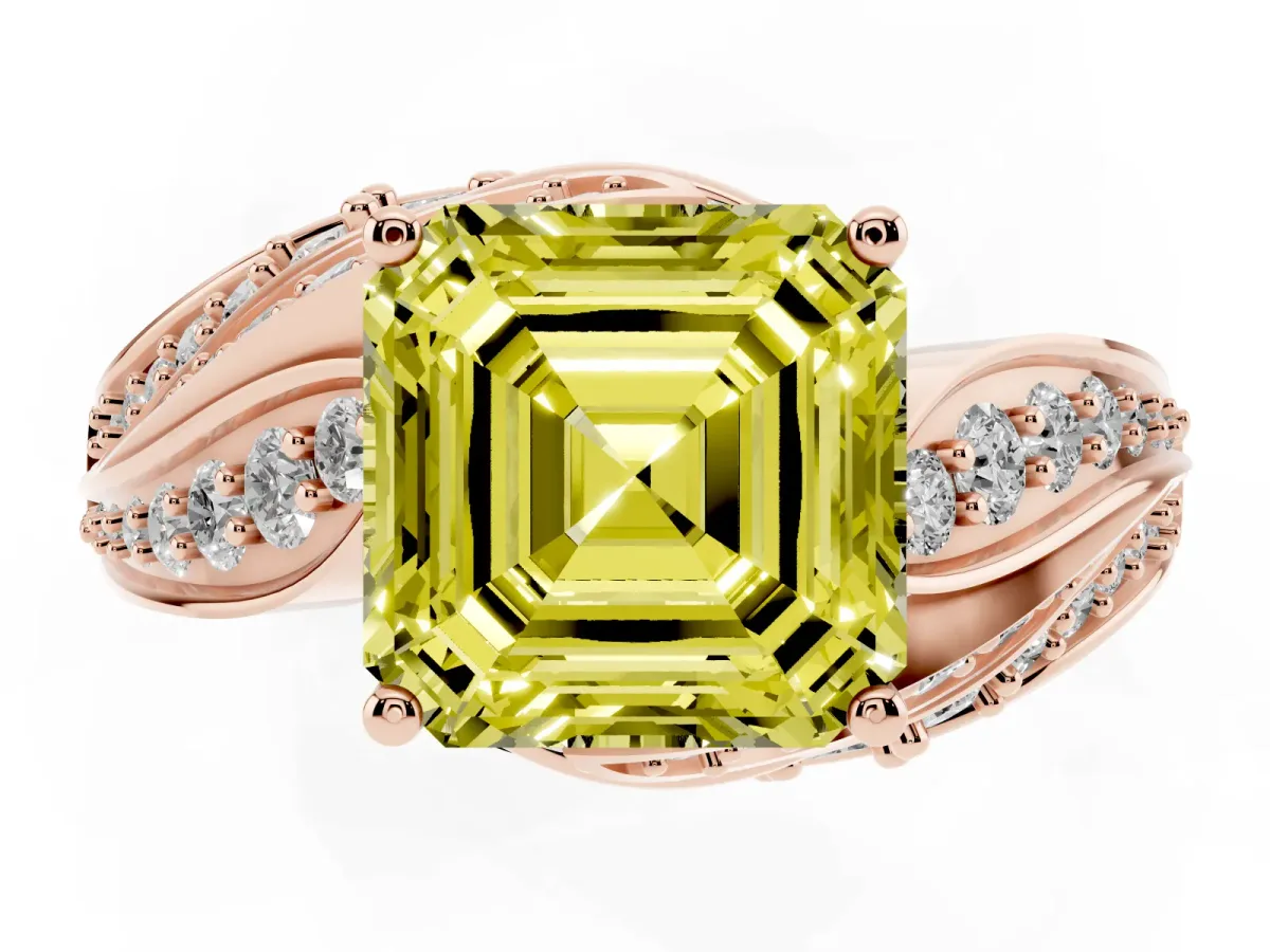 Fancy Yellow Asscher Cut Diamond Solitaire Ring with Prong Setting and Twisted Pavé Band Rose gold
