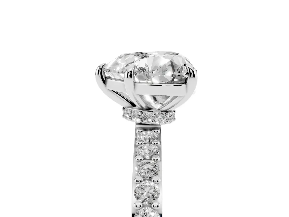 Heart Cut Diamond Pavé Engagement Ring with Round Accents and Prong Setting Silver
