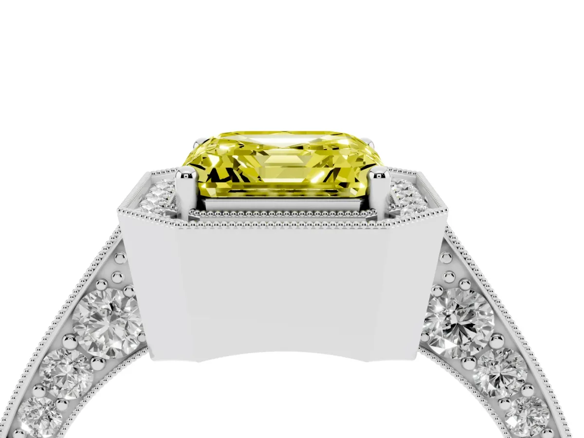 Fancy Yellow Asscher Cut Halo Diamond Engagement Ring with Split Shank Band and Four-Prong Setting Silver
