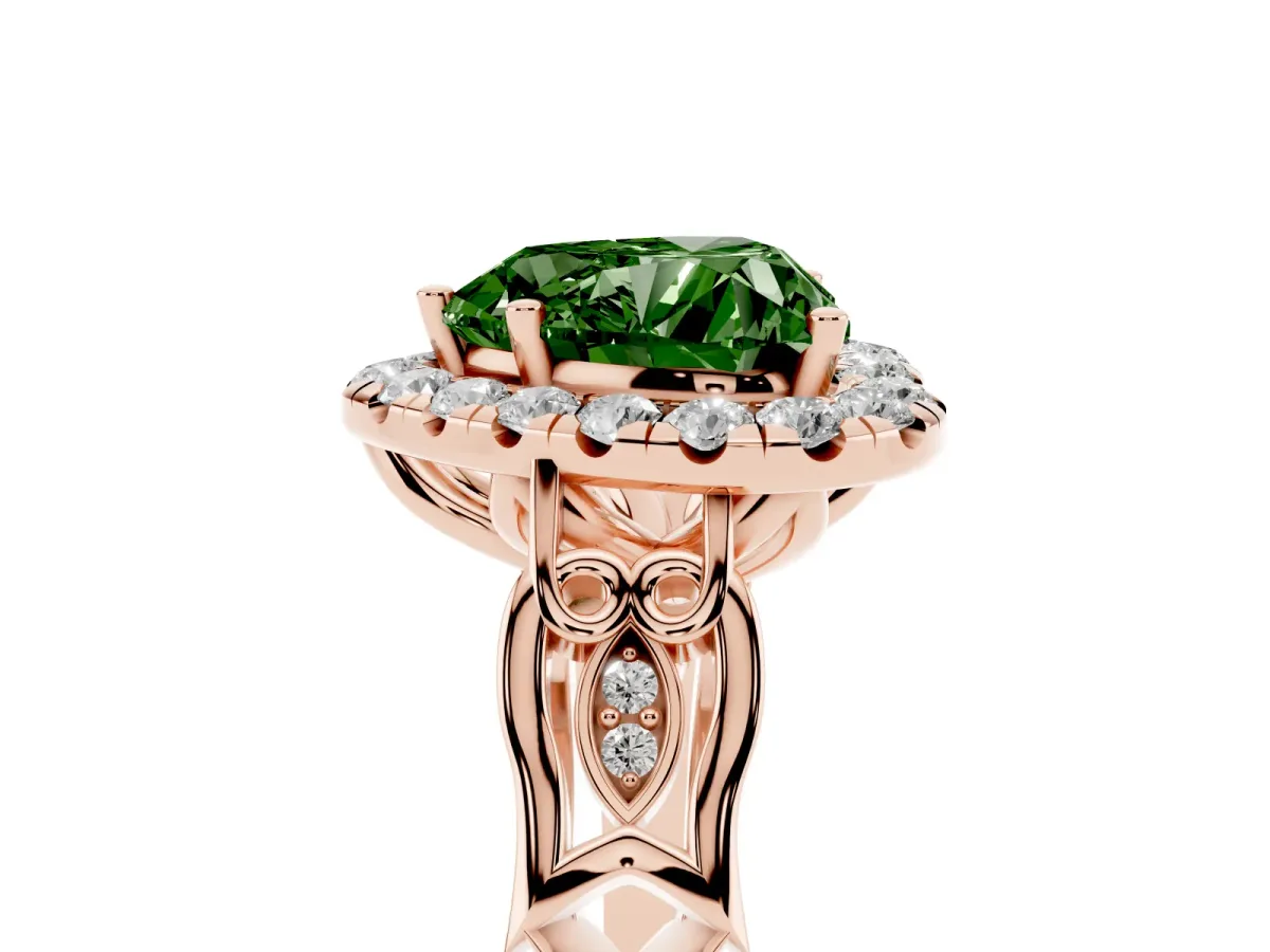Fancy Green Heart Cut Halo Diamond Engagement Ring with Filigree Band and Four-Prong Setting Rose gold