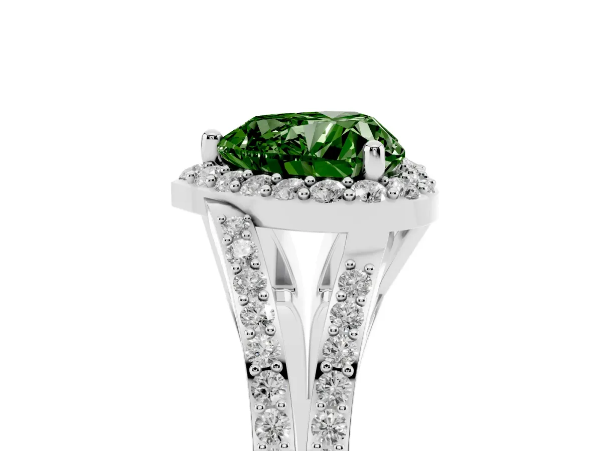 Fancy Green Heart Cut Halo Split Shank Pave Diamond Ring with Four-Prong Setting Platinum
