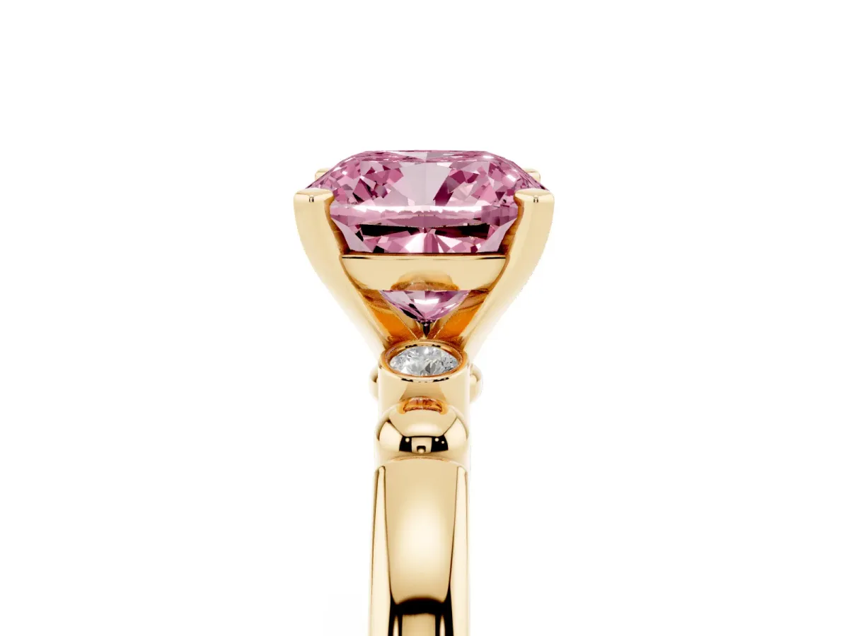 Fancy Pink Cushion Cut Solitaire Beaded Band with Four-Prong Setting Yellow gold