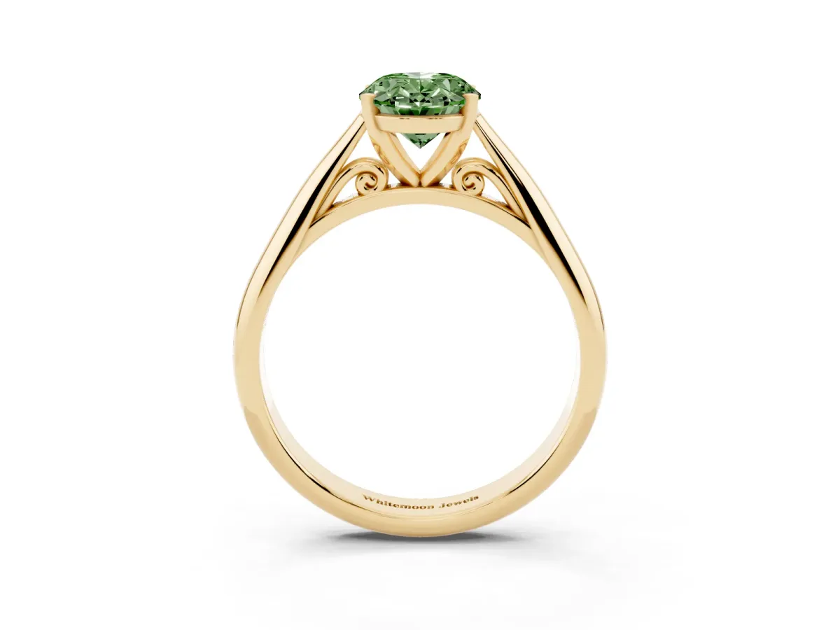 Fancy Green Oval Cut Diamond Solitaire Engagement Ring with Cathedral Setting and Four-Prong Mount Yellow gold