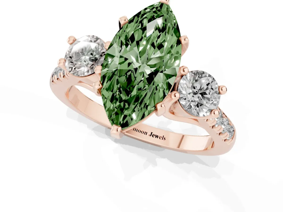 Fancy Green Three-Stone Marquise Cut Diamond Pavé Band with Four-Prong Setting Rose gold