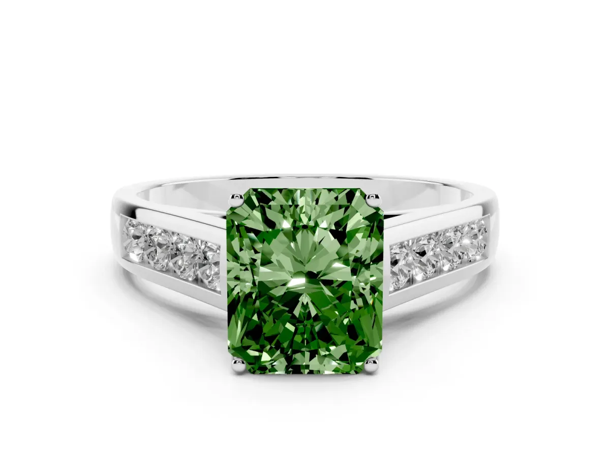 Fancy Green Radiant Cut Solitaire Channel-Set Diamond Engagement Ring with Four-Prong Setting Silver