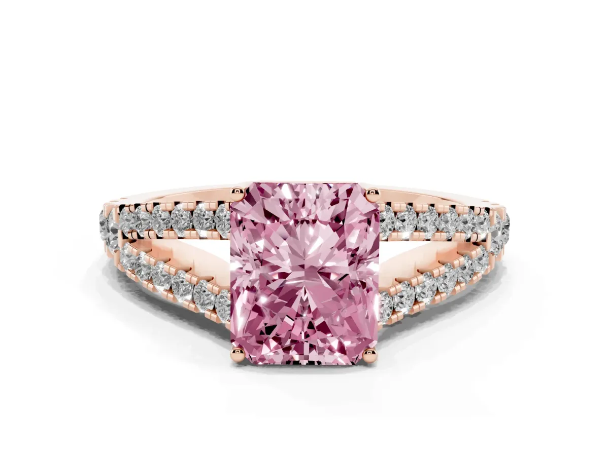 Fancy Pink Radiant Cut Diamond Split Shank Engagement Ring with Round Pavé and Prong Setting Rose gold