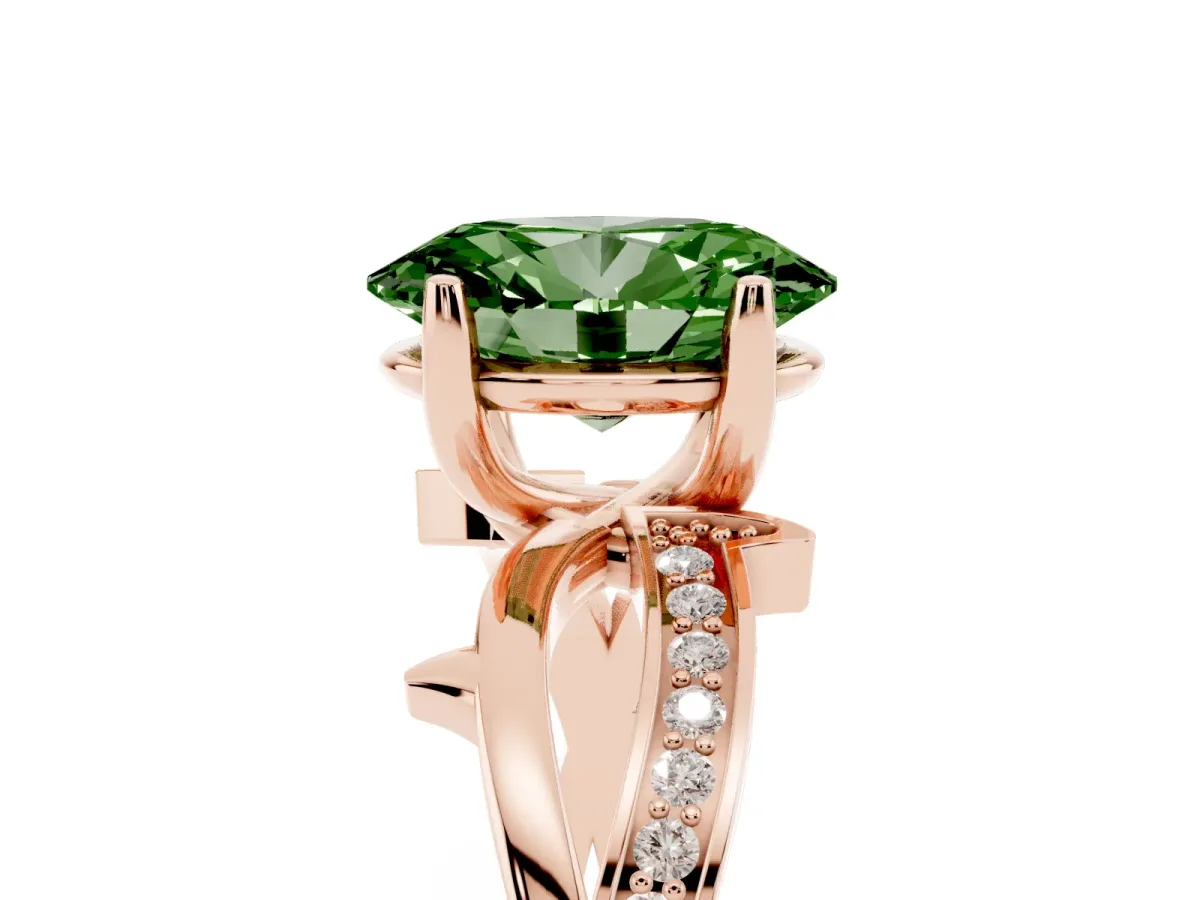 Fancy Green Oval Cut Solitaire Twist Band with Pavé Accents and Four-Prong Setting Rose gold