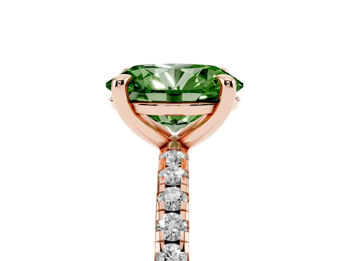 Fancy Green Oval Cut Diamond Brilliant Solitaire Ring with Pavé Band and Four-Prong Setting Rose gold