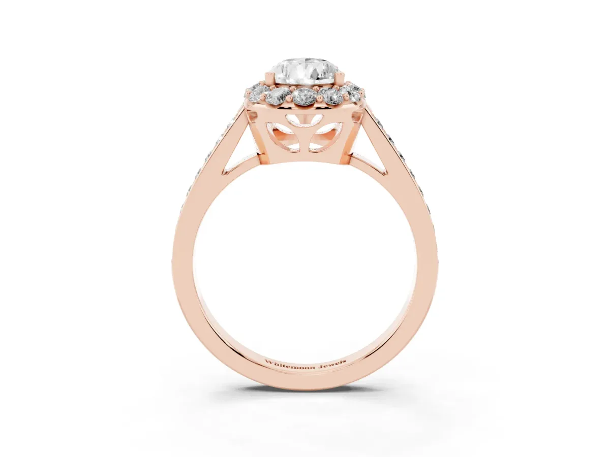 Pear Cut Diamond Floral Halo Ring with Pavé Band and Prong Setting Rose gold