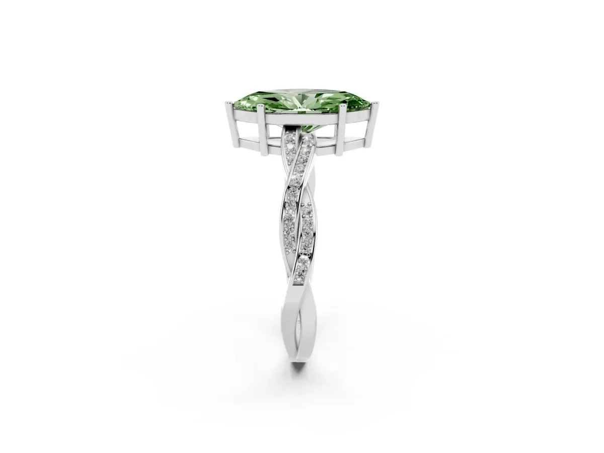 Fancy Green Marquise Cut Solitaire Twisted Pave Diamond Ring with Four-Prong Setting Silver
