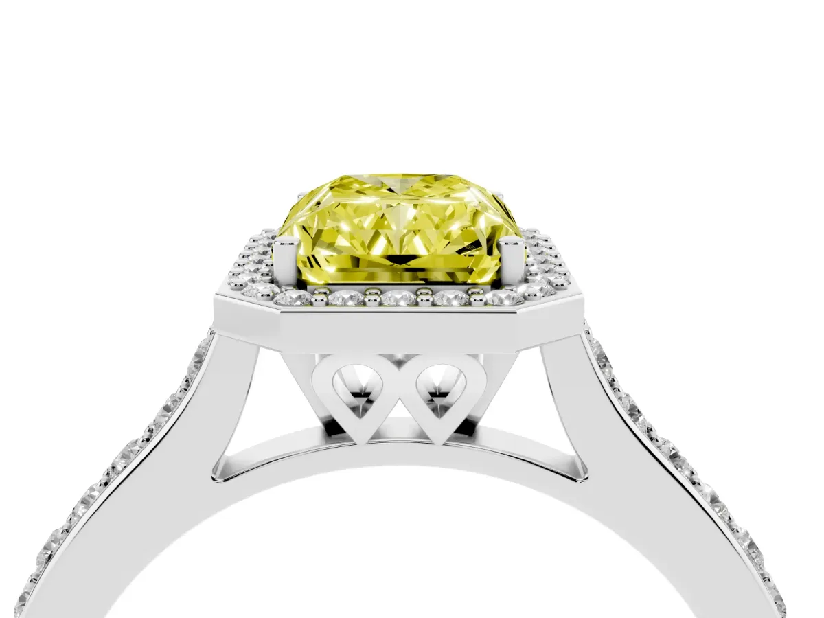 Fancy Yellow Radiant Cut Diamond Halo Engagement Ring with Round Pavé Shoulders and Prong Setting Platinum