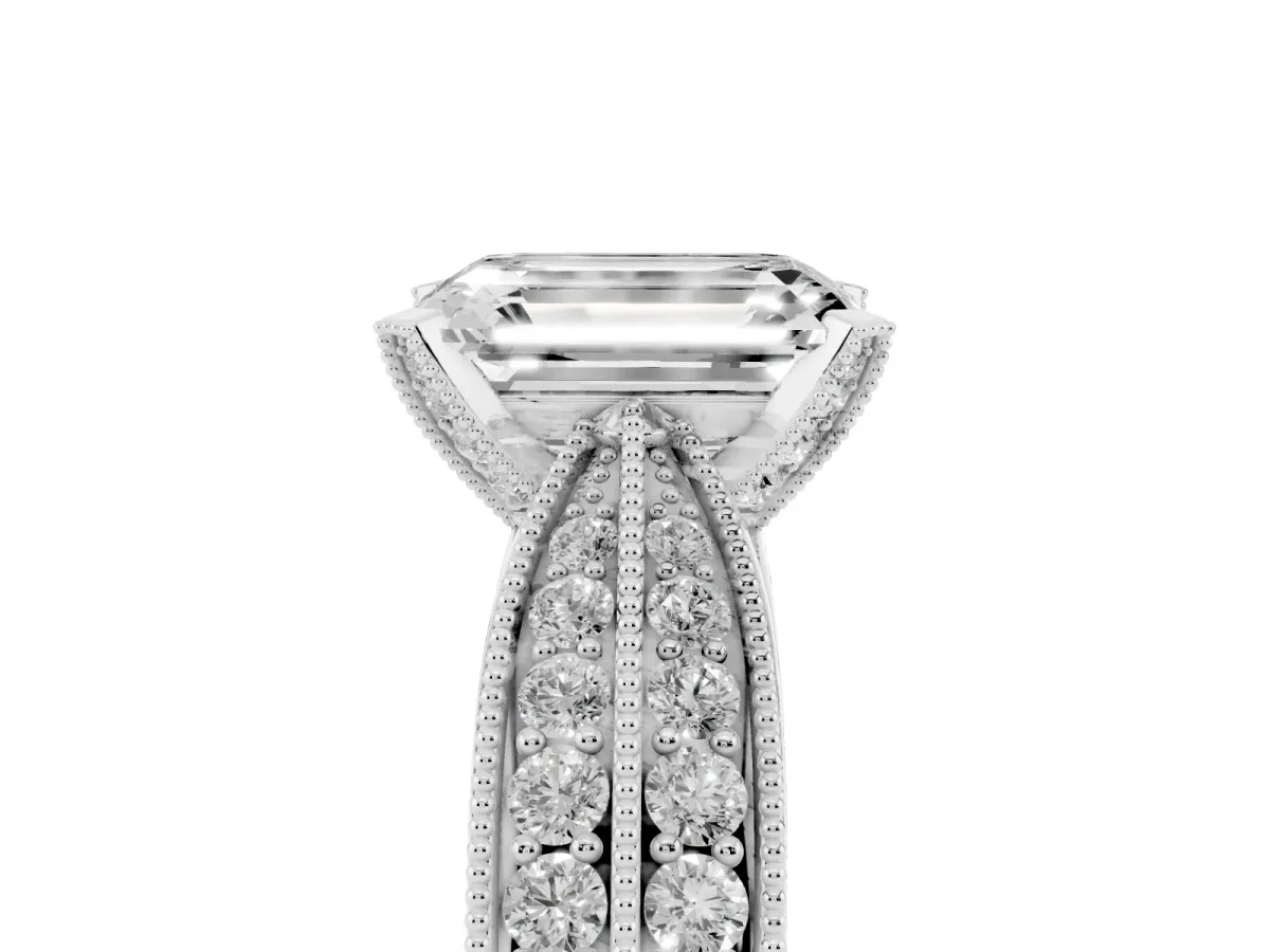 Emerald Cut Diamond Solitaire Ring with Milgrain Round Pavé Band and Prong Setting Platinum