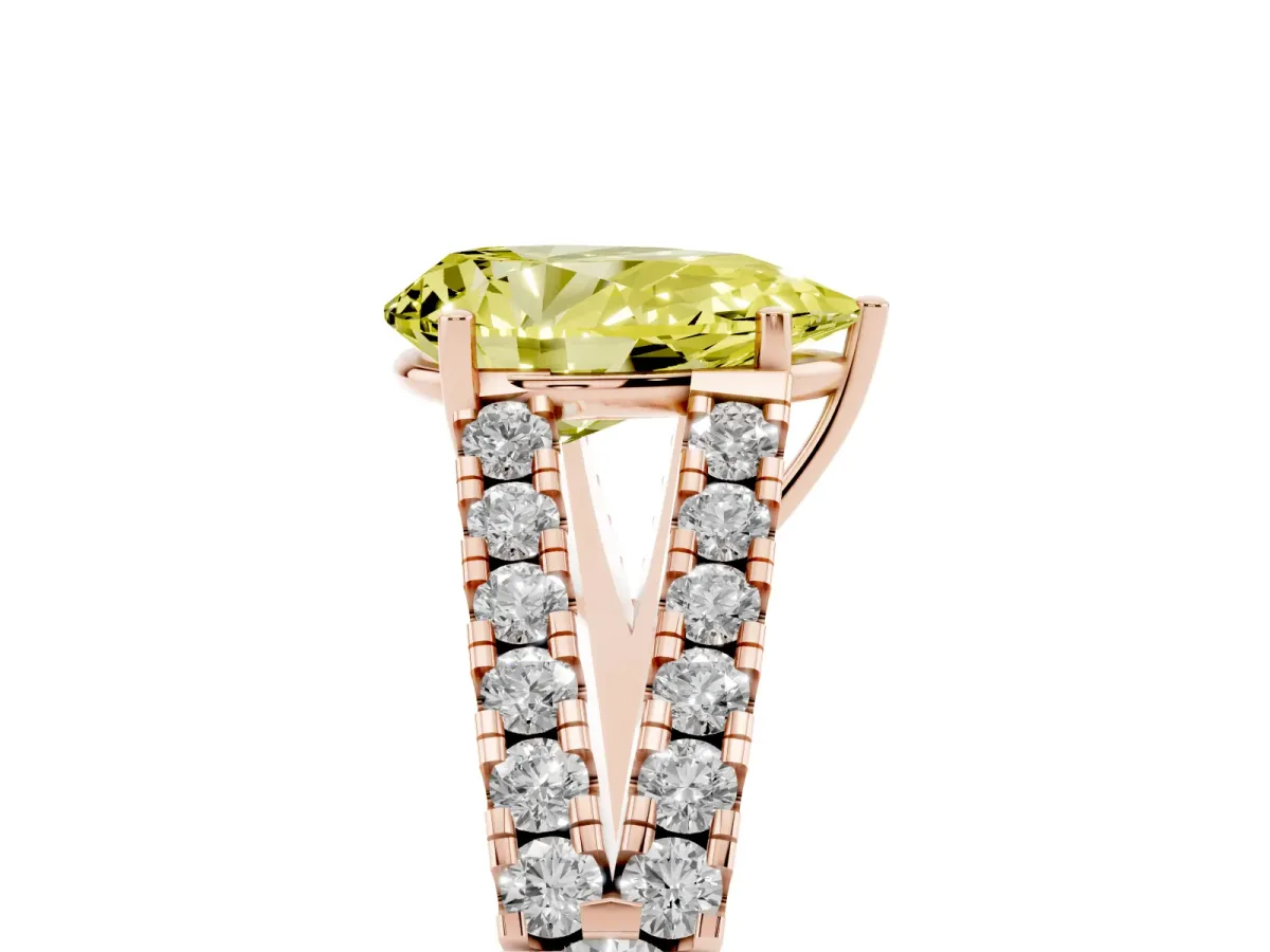 Fancy Yellow Pear Cut Diamond Split Shank Engagement Ring with Round Pavé and Prong Setting Rose gold