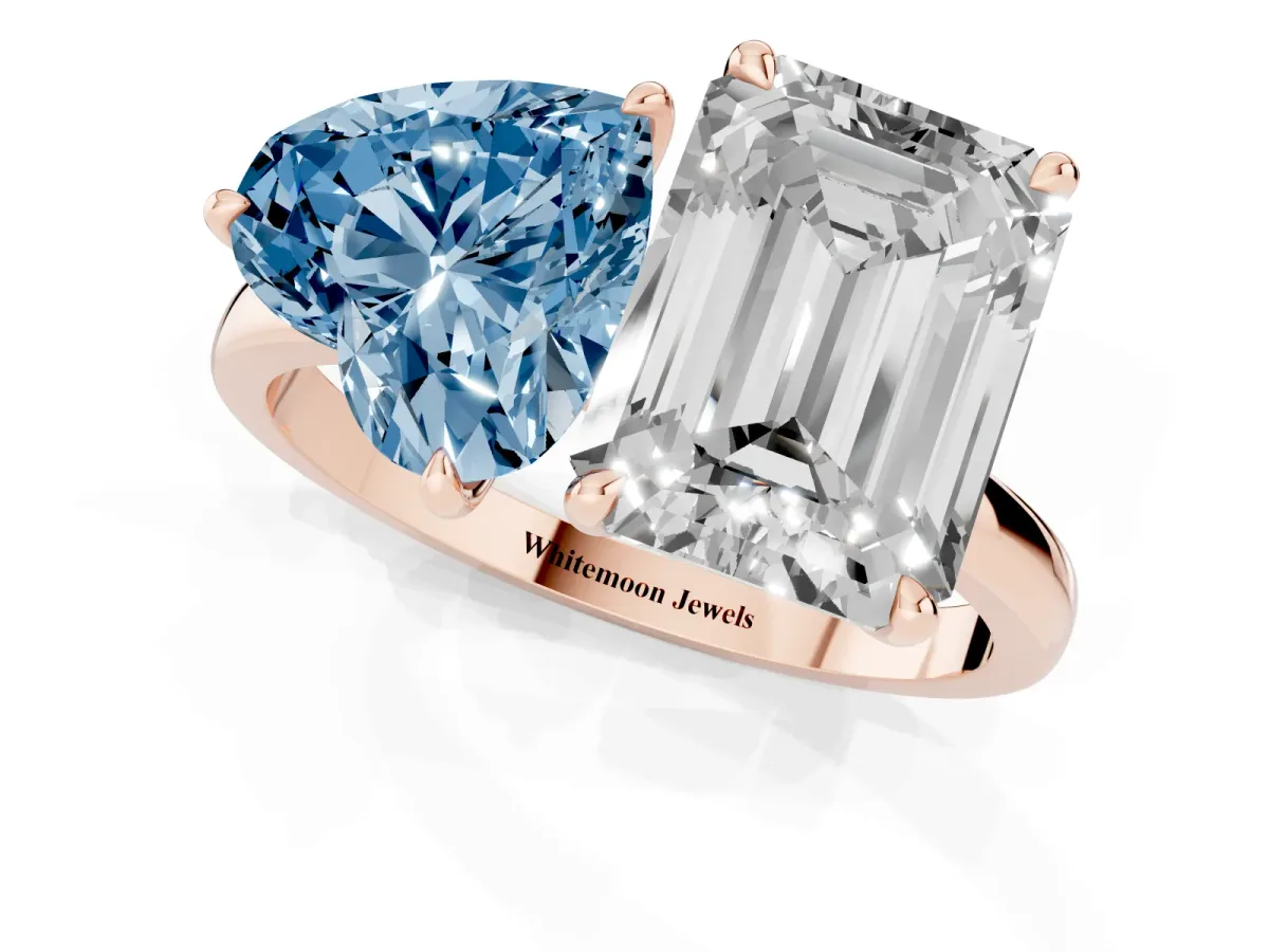 Fancy Blue Heart Cut and Emerald Cut Toi Moi Ring with Prong Setting Rose gold