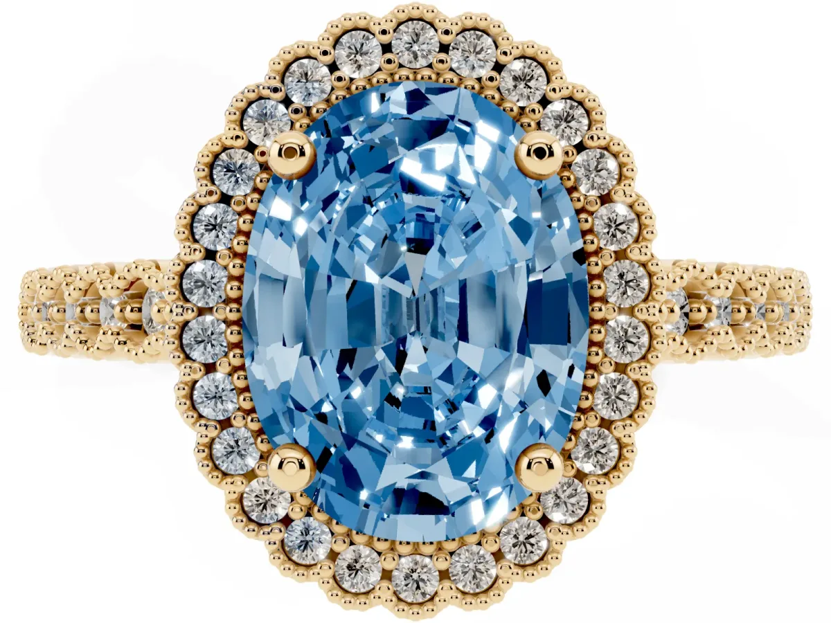 Fancy Blue Oval Cut Cut Halo Pavé Solitaire Ring with Milgrain Band Yellow gold