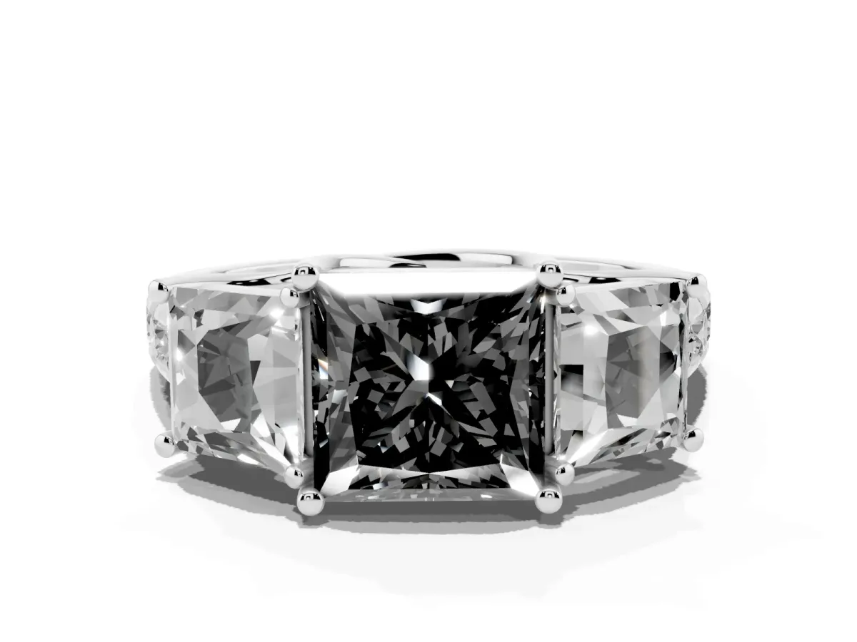 Fancy Black Three-Stone Princess Cut Diamond Pavé Band with Prong Setting Silver