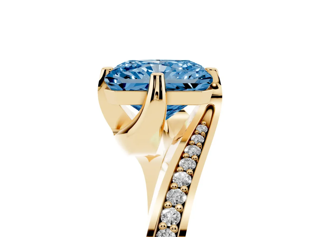 Fancy Blue Radiant Cut Solitaire Diamond Twist Band with Pavé Setting and Four-Prong Setting Yellow gold