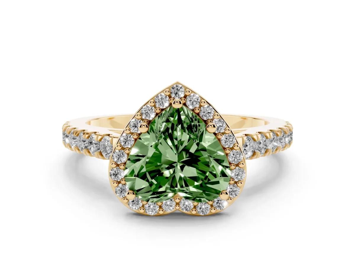 Fancy Green Heart Cut Cut Halo Diamond Engagement Ring with Pave Band and Four-Prong Setting Yellow gold