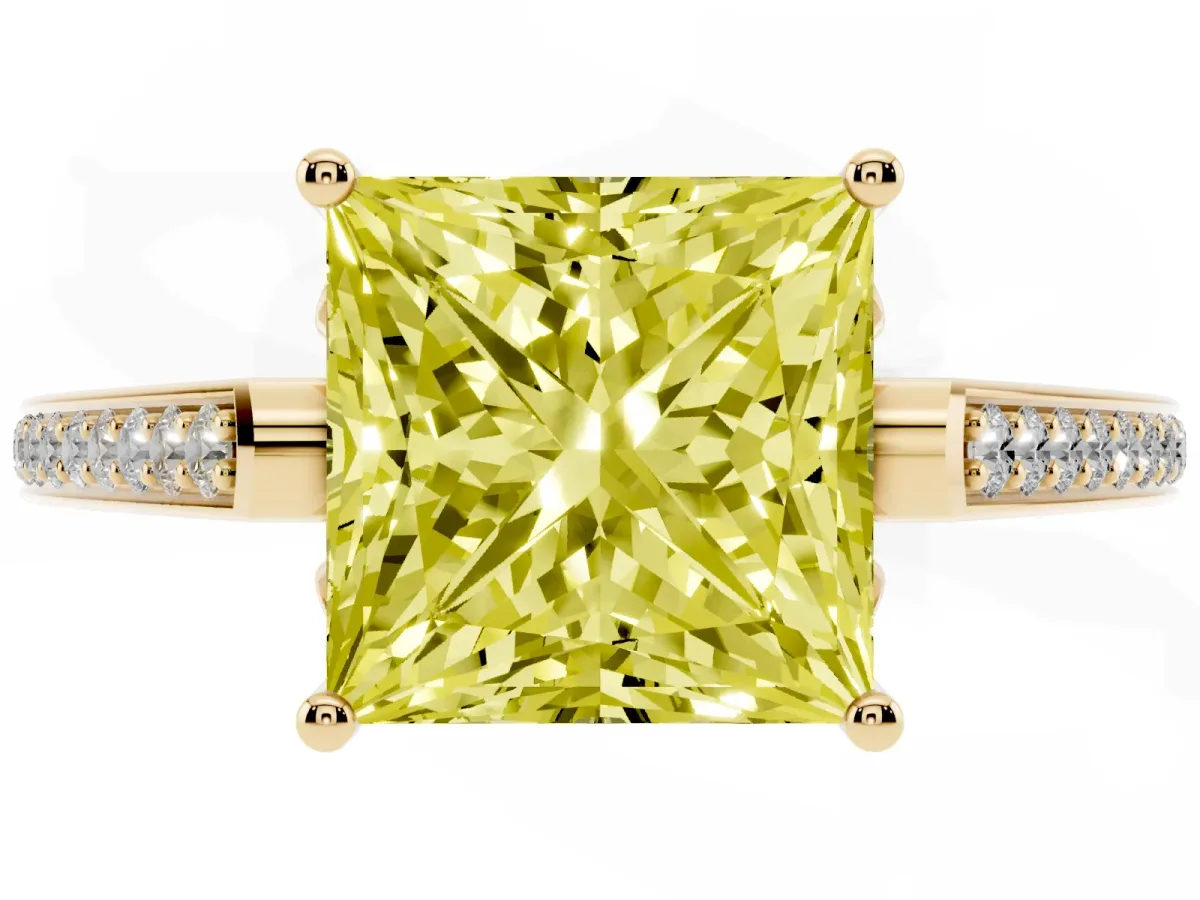 Fancy Yellow Princess Cut Cut Cathedral Pave Diamond Engagement Ring with Six-Prong Setting Yellow gold
