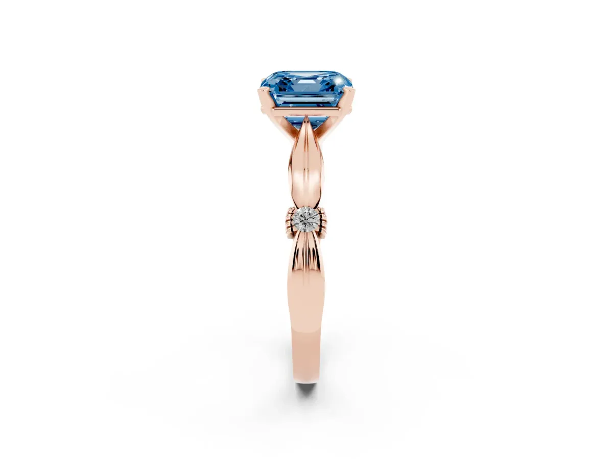 Fancy Blue Asscher Cut Solitaire Diamond Twisted Band with Four-Prong Setting Rose gold