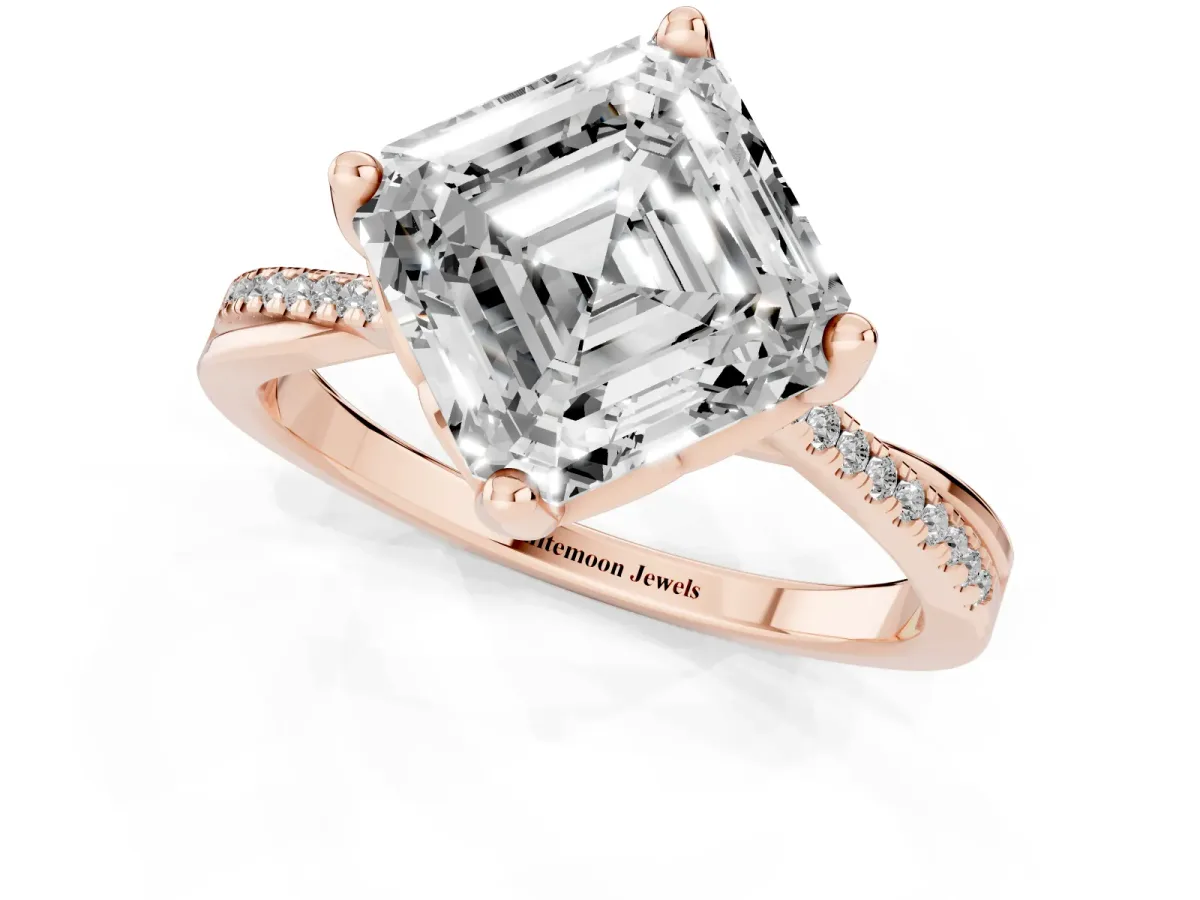 Asscher Cut Solitaire Twist Band with Pavé Diamonds and Four-Prong Setting Rose gold