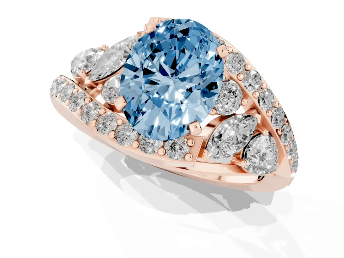 Fancy Blue Oval Cut Diamond Halo Ring with Marquise and Pavé Band in Prong Setting Rose gold