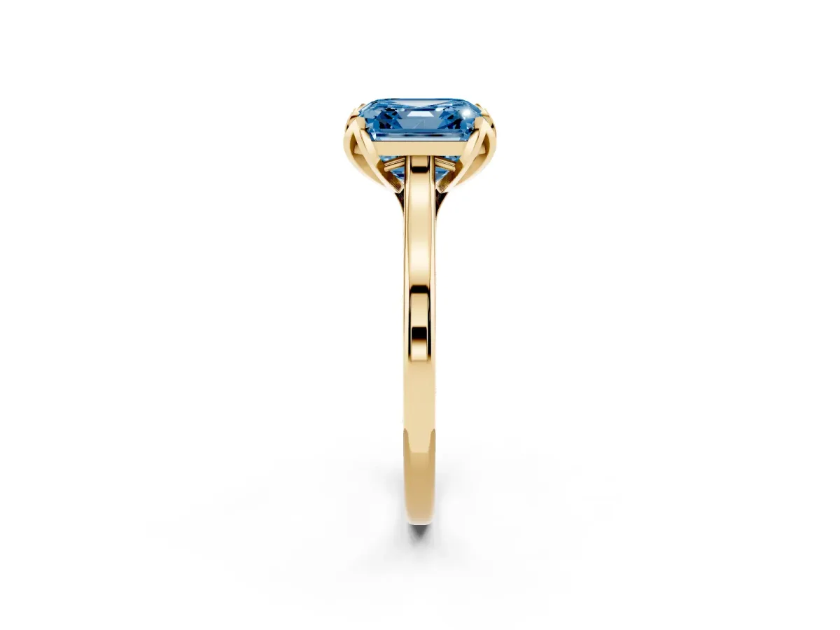 Fancy Blue Asscher Cut Diamond Solitaire Ring with Flower Prong Setting and Classic Band Yellow gold